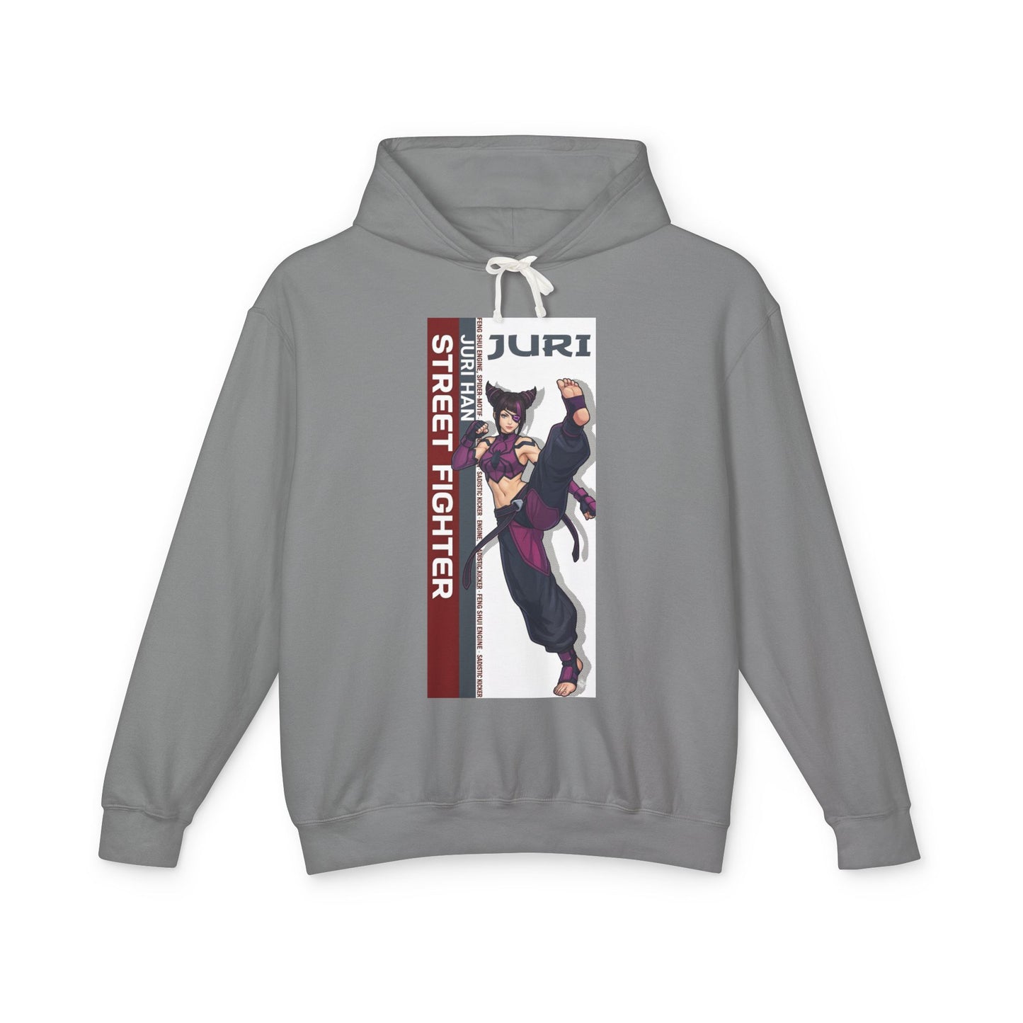 Juri Hoodie | Street Fighter Hoodie | Anime Fighter Girl Pullover - gray pullover with vertical Juri anime kick artwork