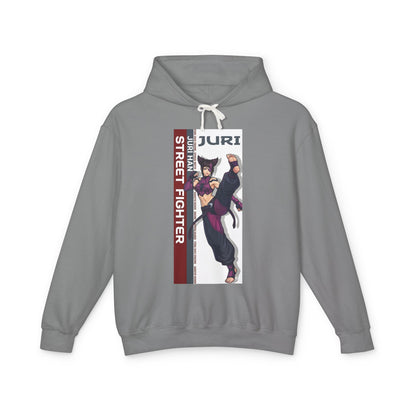 Juri Hoodie | Street Fighter Hoodie | Anime Fighter Girl Pullover - gray pullover with vertical Juri anime kick artwork