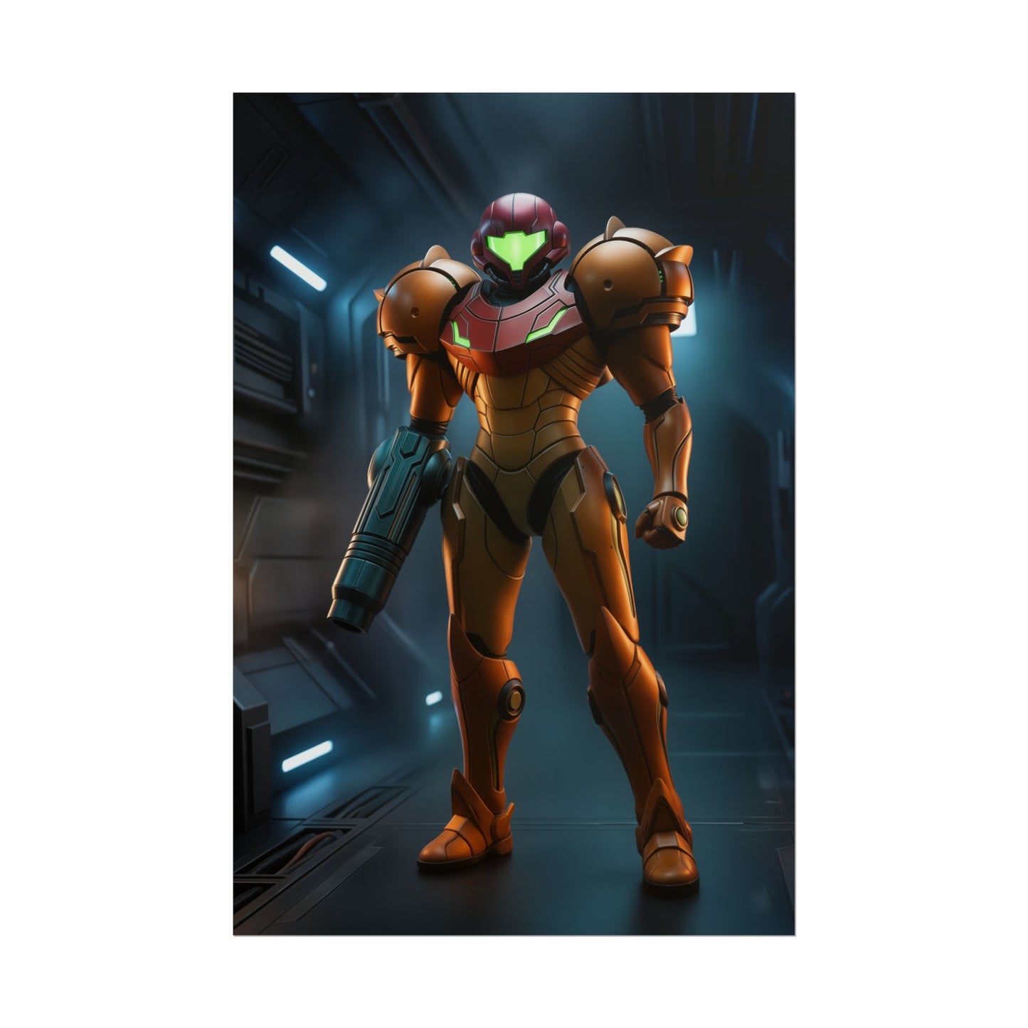 Samus Aran Poster Sci Fi Armor Wall Art Print Gaming Room Decor showing armored bounty hunter in futuristic corridor with glossy reflections