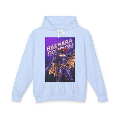 Batgirl Hoodie | DC Superhero Hoodie | Gotham Vigilante Pullover with purple-and-gold Batgirl graphic on light blue cotton pullover