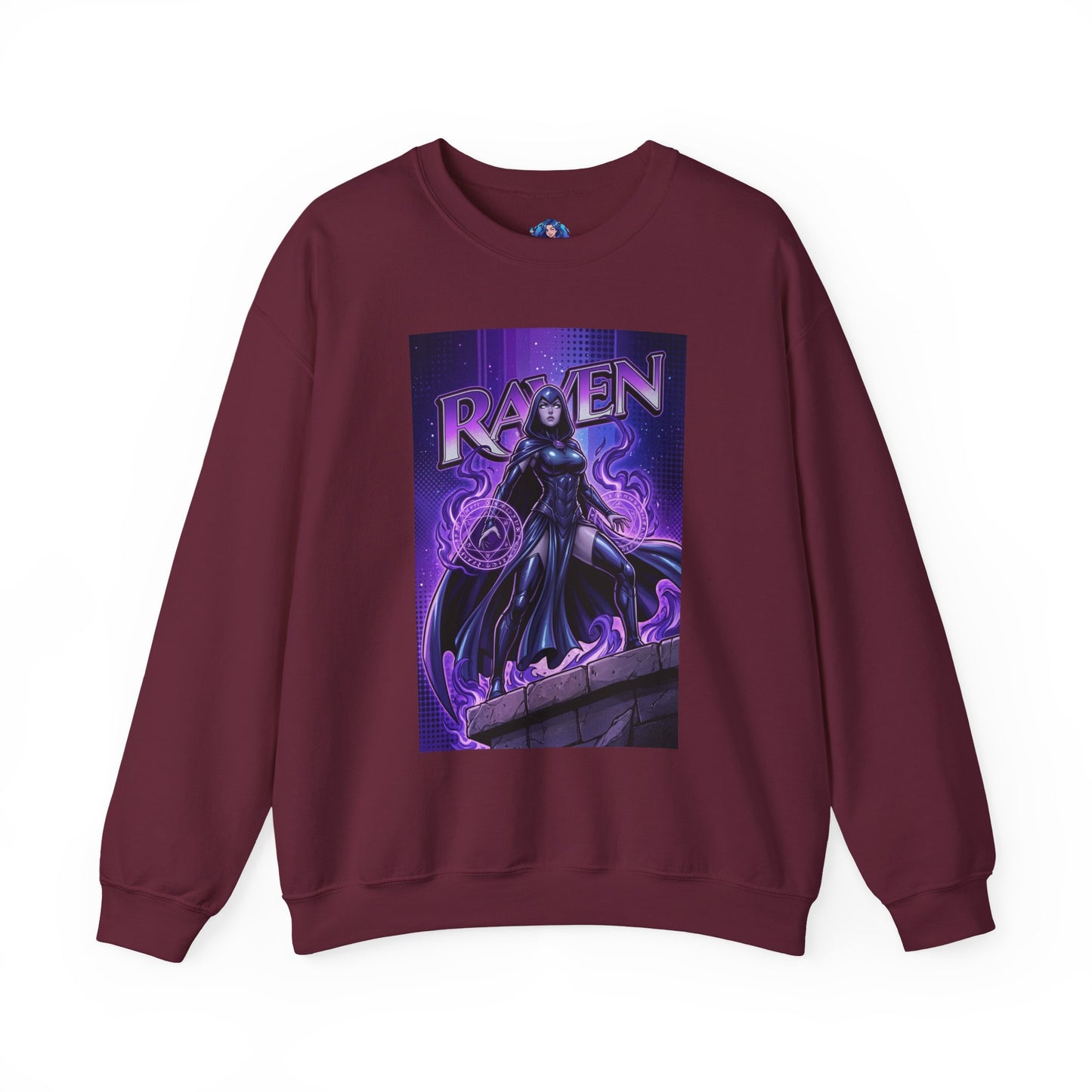 Raven Sweatshirt, DC Comics Art Print Style, Premium Mystic Apparel - maroon crewneck with anime-inspired Raven artwork and glowing arcane symbols