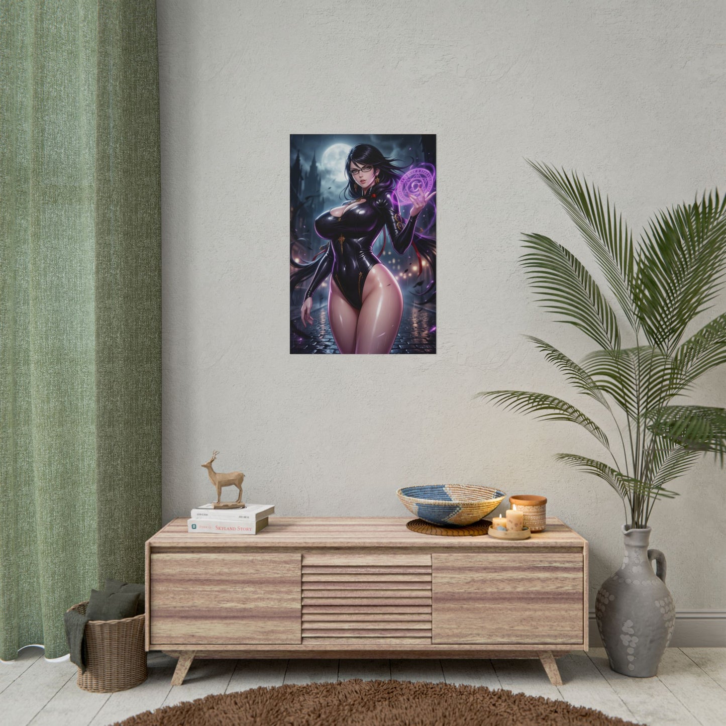 Bayonetta Poster Hexe Actionspiel Wandkunst Schwarzhaarige Frau Druck Gewehr Absätze Charakter Gaming Zimmer Deko Geschenk