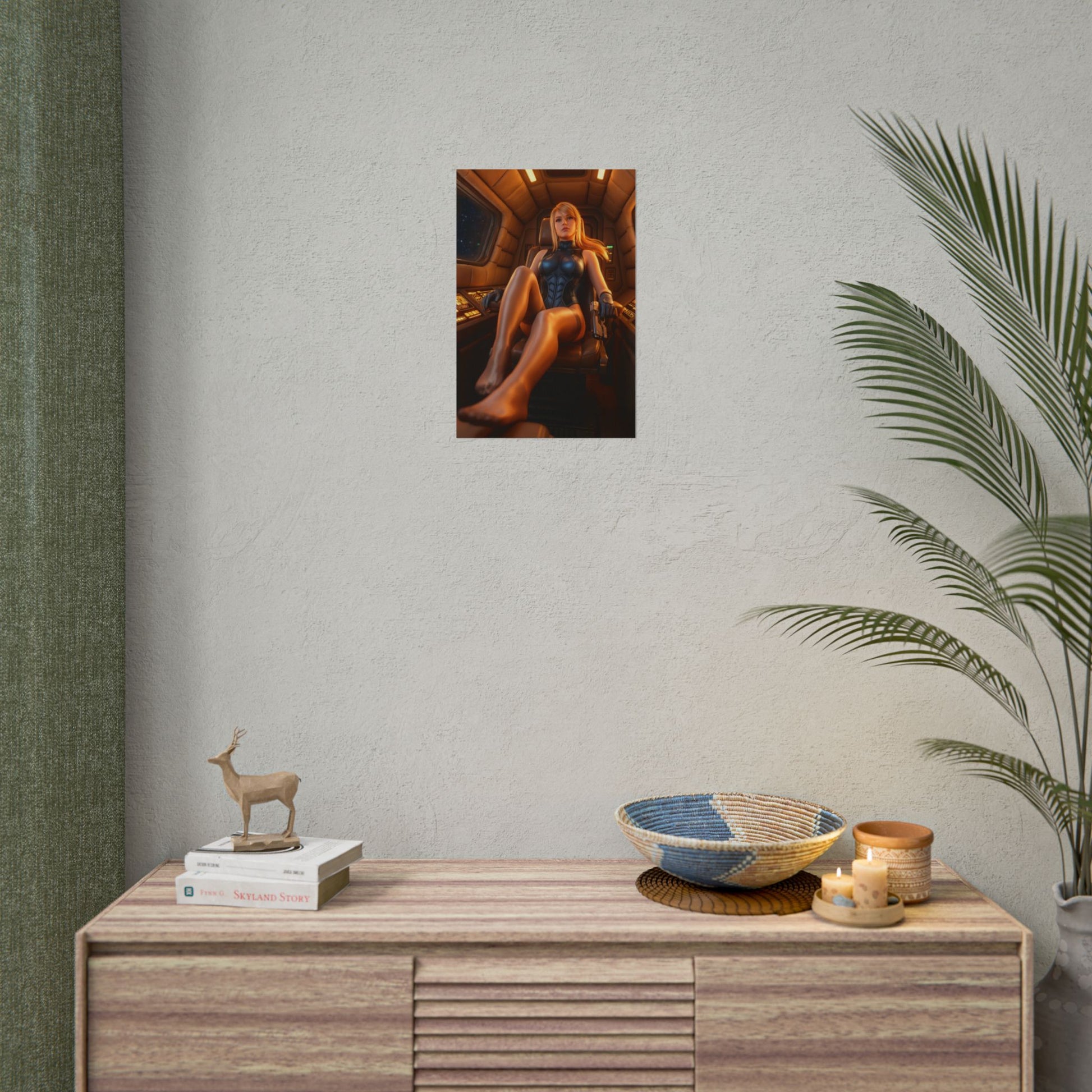 Samus Aran Poster, Sci-Fi Art Print – Iconic Space Armor Heroine hanging in modern gaming room decor
