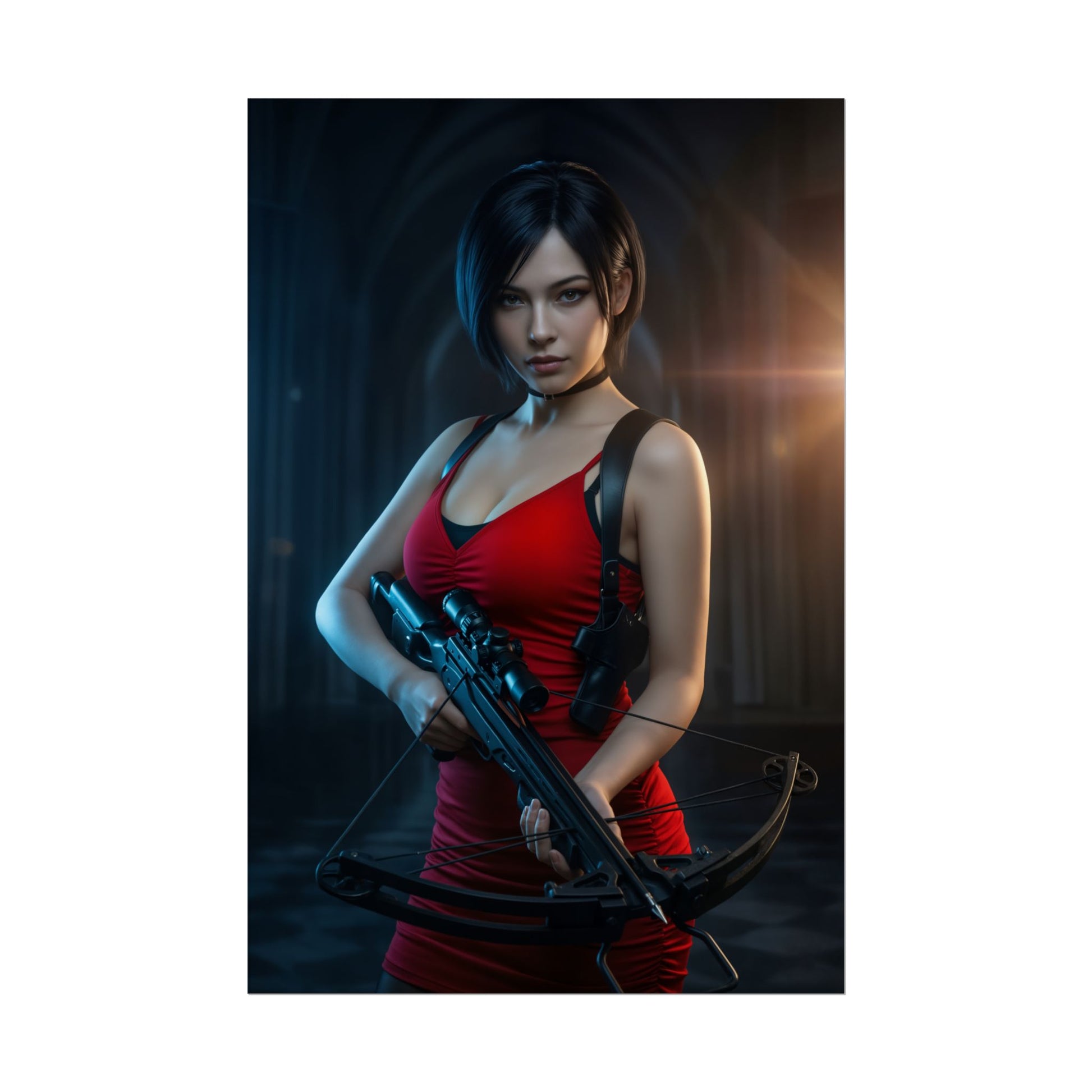 Ada Wong Poster, Resident Evil Art Print – Classic Action Game Wall Art showing Ada Wong in red dress holding a crossbow, cinematic gamer wall decor