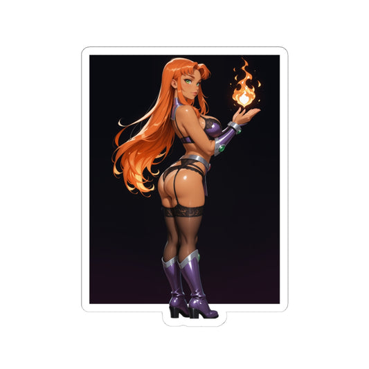 Starfire Sticker – Cosmic Girl Vinyl Sticker for Laptops, Journals & Gear featuring vibrant orange-haired cosmic girl holding a flame, glossy durable vinyl