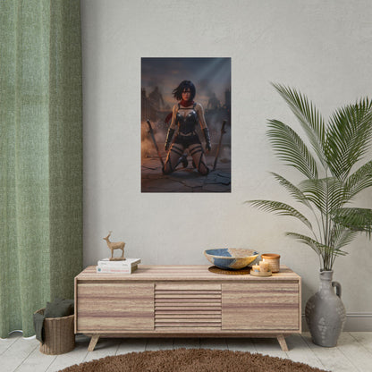 Mikasa Poster / Mikasa Wall Art / Mikasa Art Print / Attack on Titan Poster - Mikasa kneeling on battlefield, smoke, steel and determined combat stance