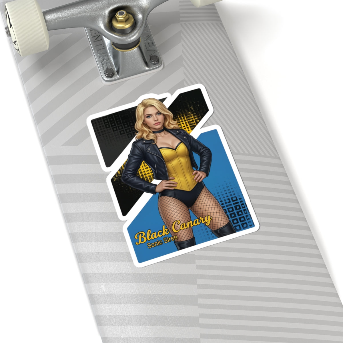 Black Canary Sticker – Comic Heroine Vinyl Sticker for Laptops & Indoor Decor on skateboard showing glossy, detailed comic-style Black Canary artwork