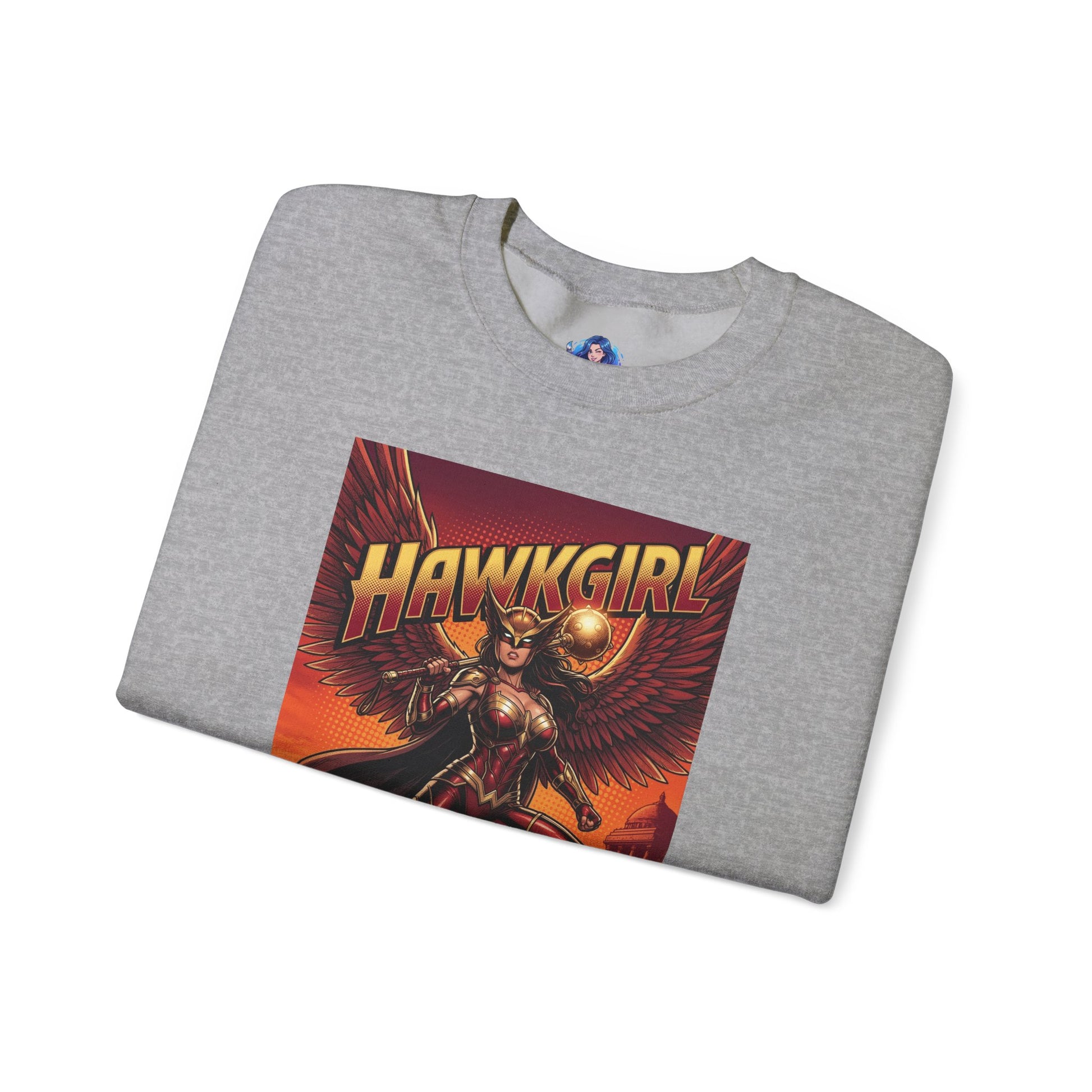 Hawkgirl Sweatshirt, DC Comics Wall Art Style, Premium Heroine Apparel - folded gray crewneck with anime-style winged warrior and bold logo