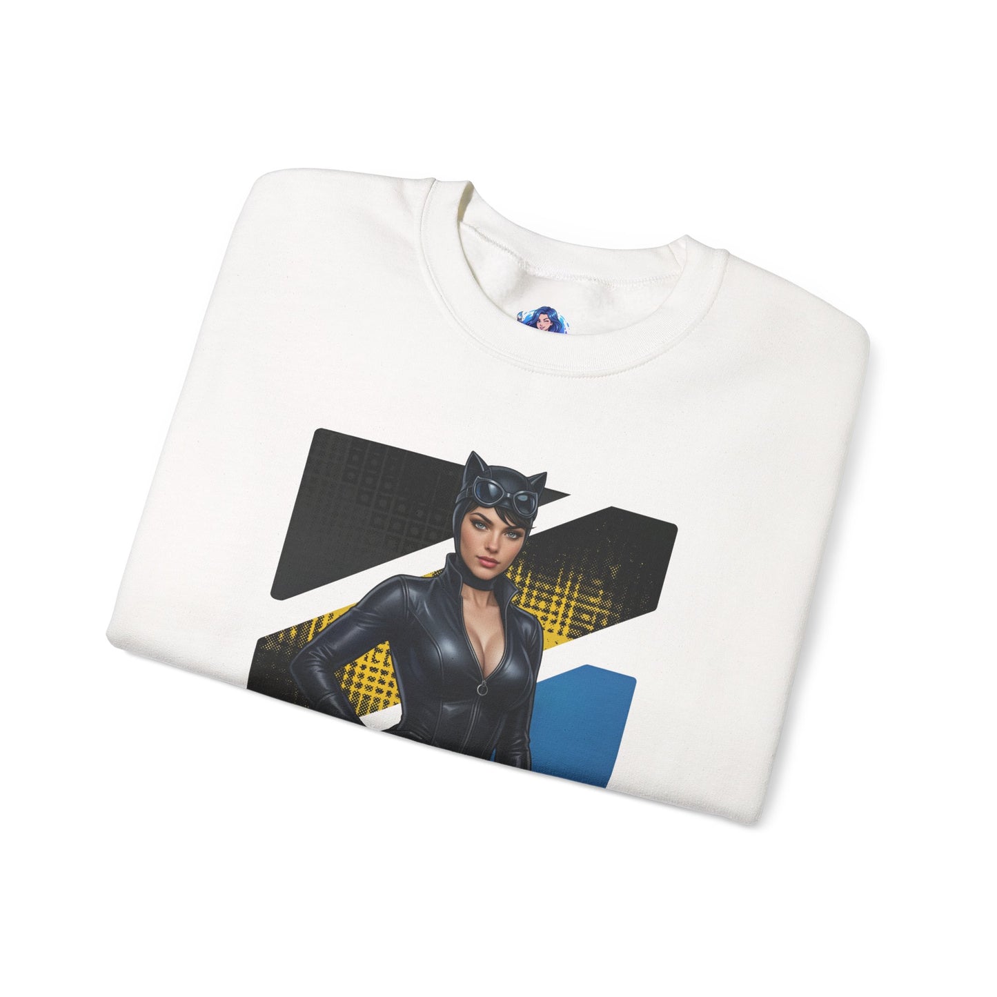 Catwoman Sweatshirt, DC Comics Crewneck, Sleek Superhero Apparel for Fans — folded white crewneck featuring Catwoman artwork
