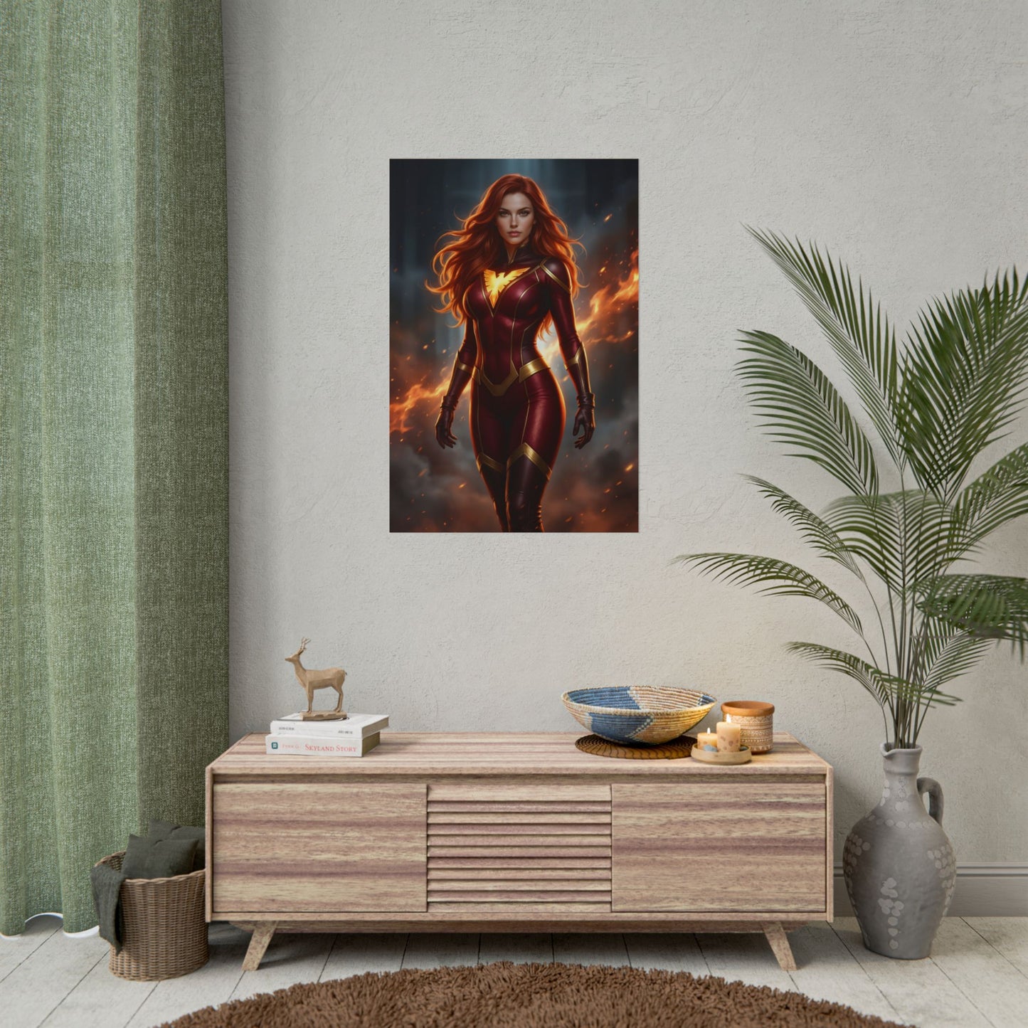 Jean Grey Poster, Marvel X-Men Art Print, Iconic Telepath Hero Wall Decor - vibrant wall art of Jean Grey in modern gaming room
