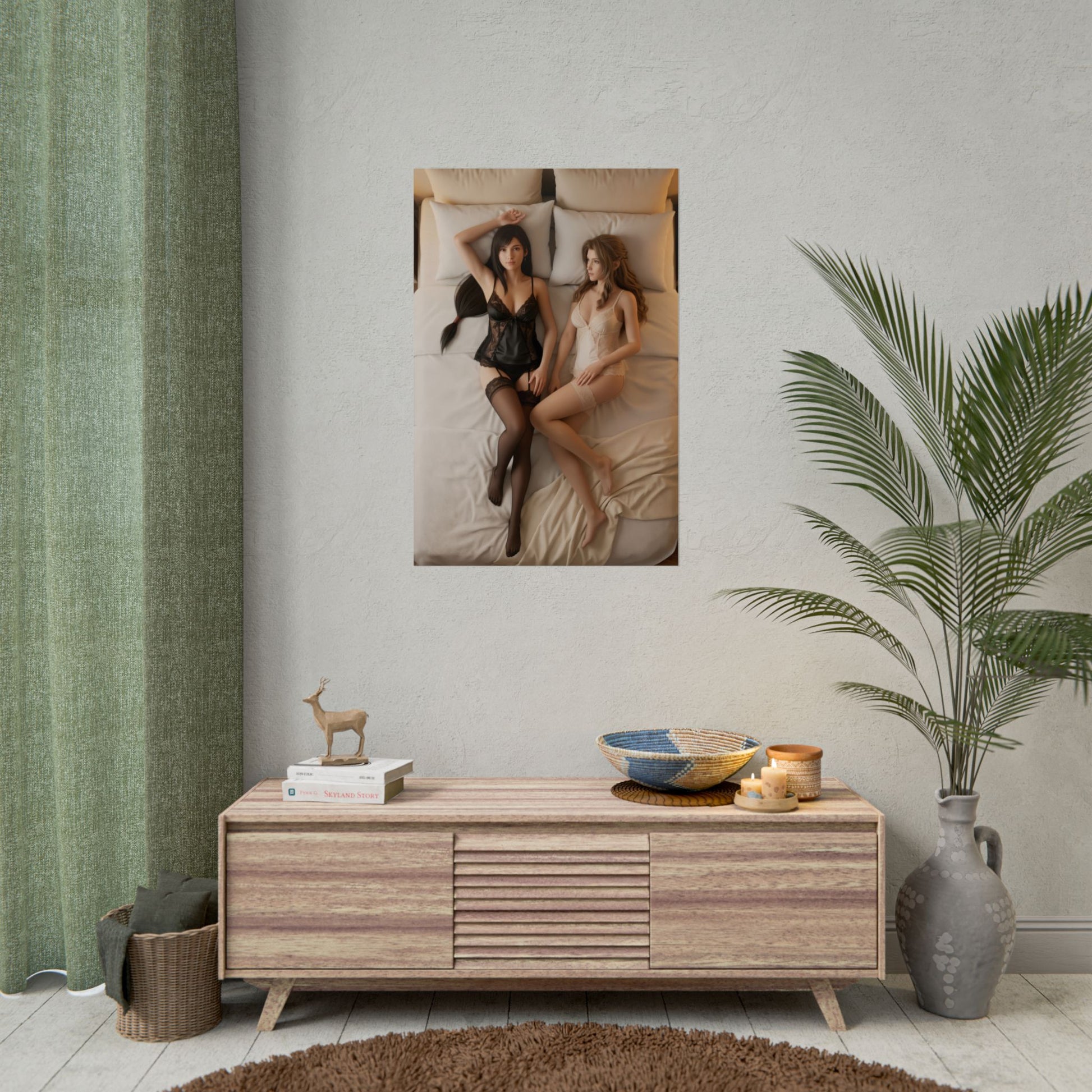 Tifa Aerith Poster, Final Fantasy VII Art Print – Collector RPG Artwork hanging in minimalist living room above console