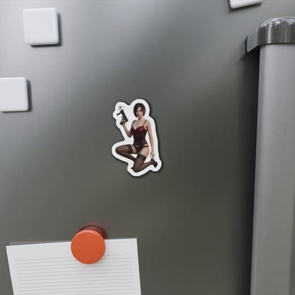 Ada Wong Magnet – Resident Evil Anime Heroine Fridge Magnet, Game Decor die-cut vinyl magnet on grey fridge showing anime-style Ada Wong with weapon