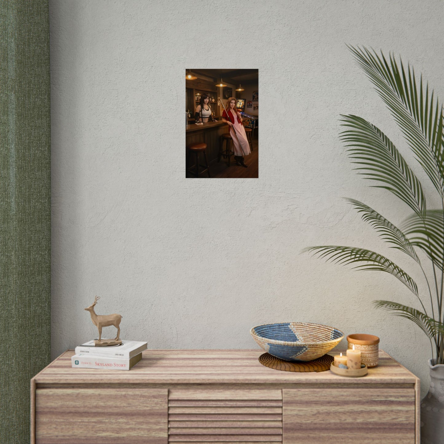 Tifa and Aerith Poster, Final Fantasy Art Print – Classic RPG Heroines wall art displayed above a console in a modern room