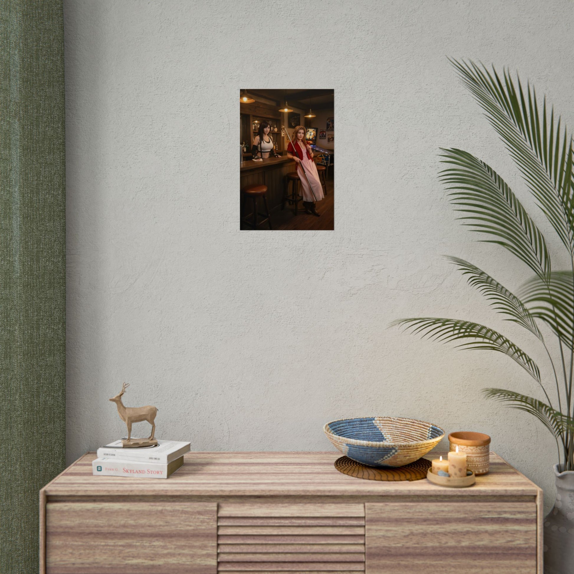 Tifa and Aerith Poster, Final Fantasy Art Print – Classic RPG Heroines wall art displayed above a console in a modern room