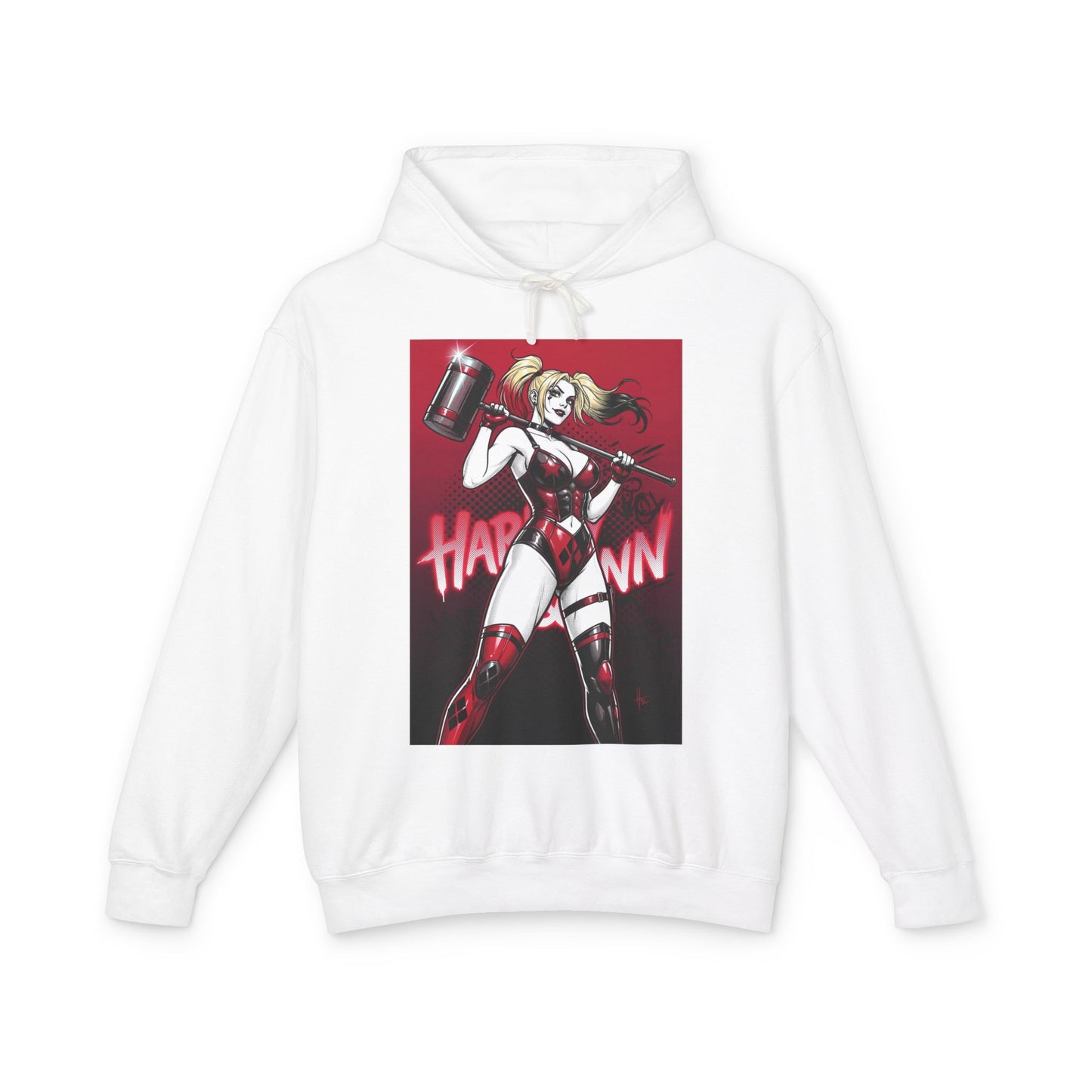 Harley Quinn Hoodie | DC Villain Hoodie | Chaos Queen Pullover - white streetwear hoodie with bold Harley Quinn graphic and mallet, soft 100% cotton