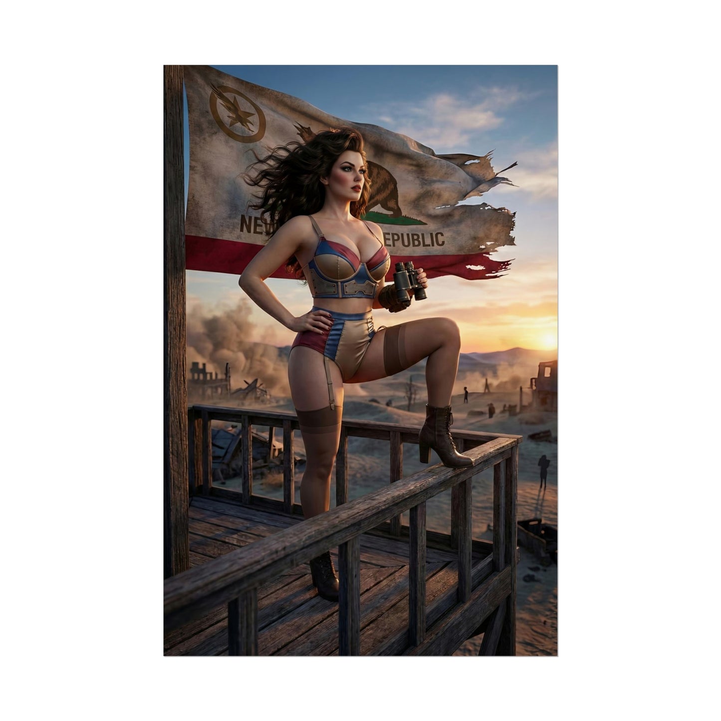 Fallout Frontier Woman Poster / Fallout Frontier Wall Art / Fallout Frontier Art Print / Fallout Poster - cinematic woman leader overlooking wasteland with flag and binoculars