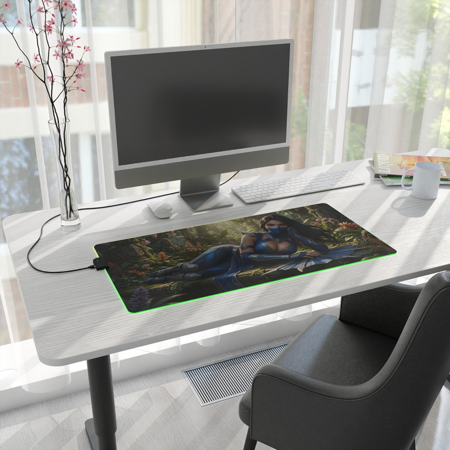 Kitana Desk Mat – LED RGB Pad, Waifu Fighter Anime Girl Setup on a modern white desk with PC monitor and green RGB lighting