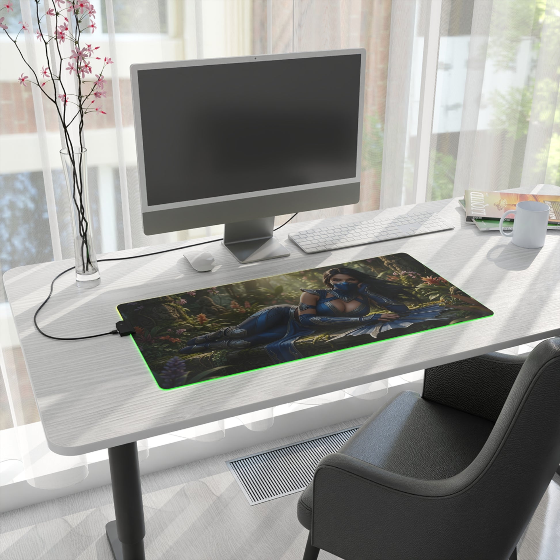 Kitana Desk Mat – LED RGB Pad, Waifu Fighter Anime Girl Setup on a modern white desk with PC monitor and green RGB lighting