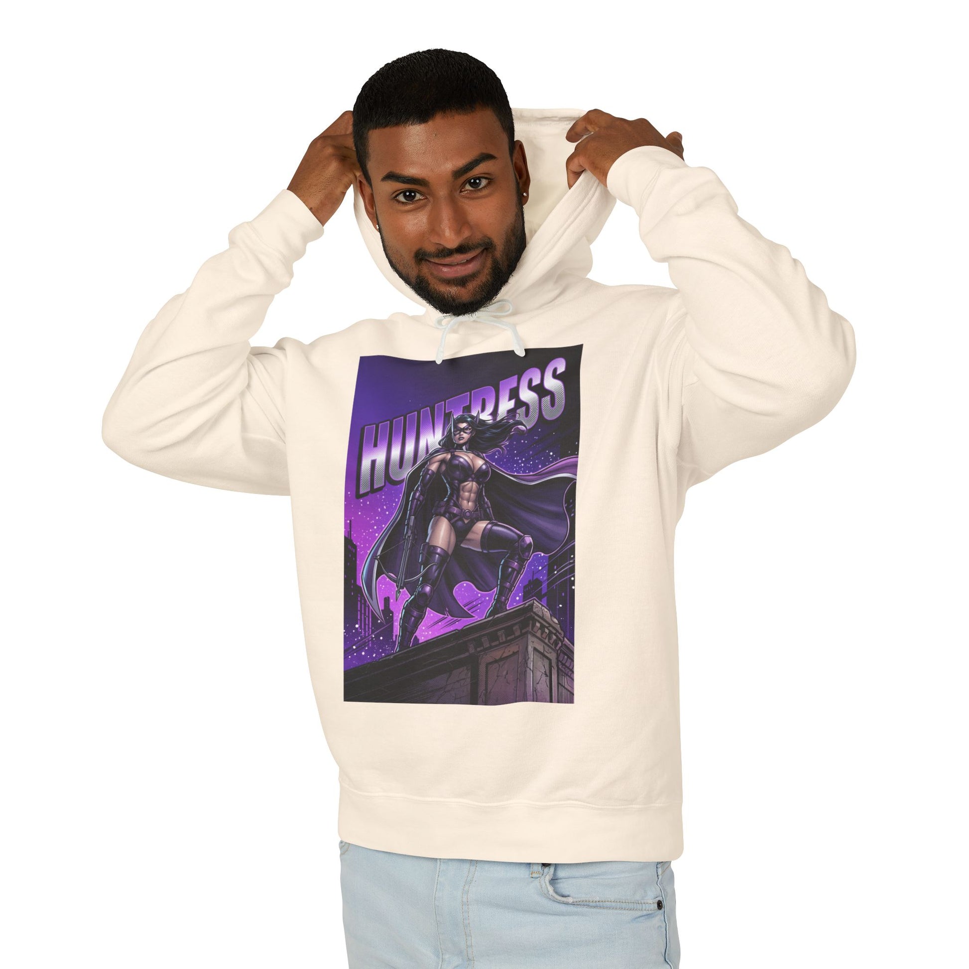 Huntress Hoodie | DC Vigilante Hoodie | Gotham Avenger Pullover - cream pullover with Huntress graphic, streetwear style, lightweight cotton