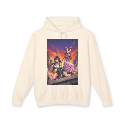 Tifa & Aerith Hoodie | Final Fantasy Heroine Hoodie | Legendary Duo Pullover - cream hoodie with dynamic Tifa and Aerith streetwear artwork