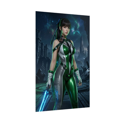 EVE Poster, Stellar Blade Art Print, Iconic Sci-Fi Action Hero — futuristic heroine in green combat suit holding blue energy sword