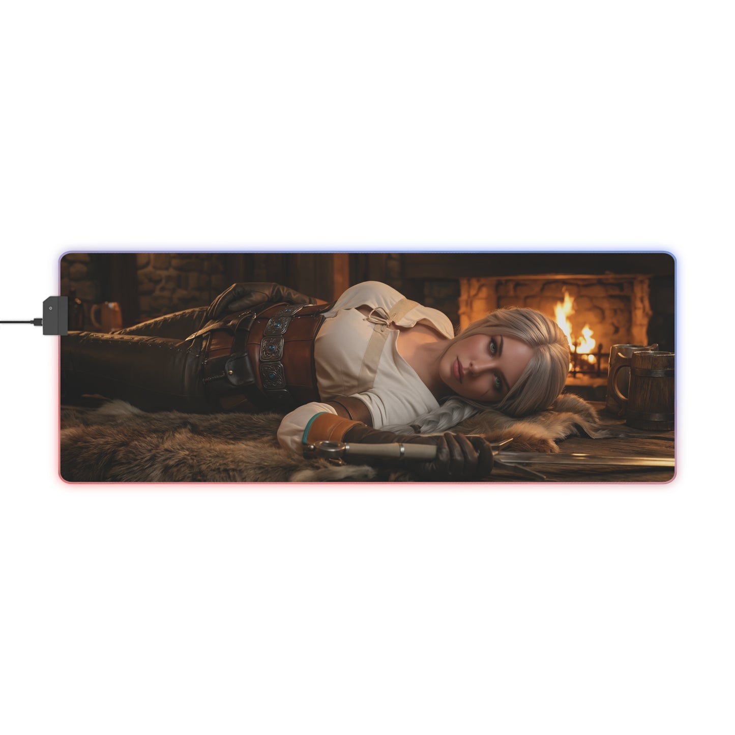 Ciri Desk Mat – LED RGB Pad, Waifu Fantasy Girl Gaming Setup with reclining heroine, fireplace, RGB glow, precision-cloth gaming surface