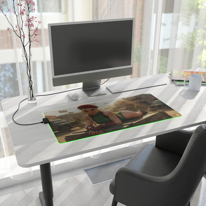 Cammy White Desk Mat – LED RGB Pad, Waifu Fighter Anime Girl Setup on white office desk with gaming PC and green LED edge