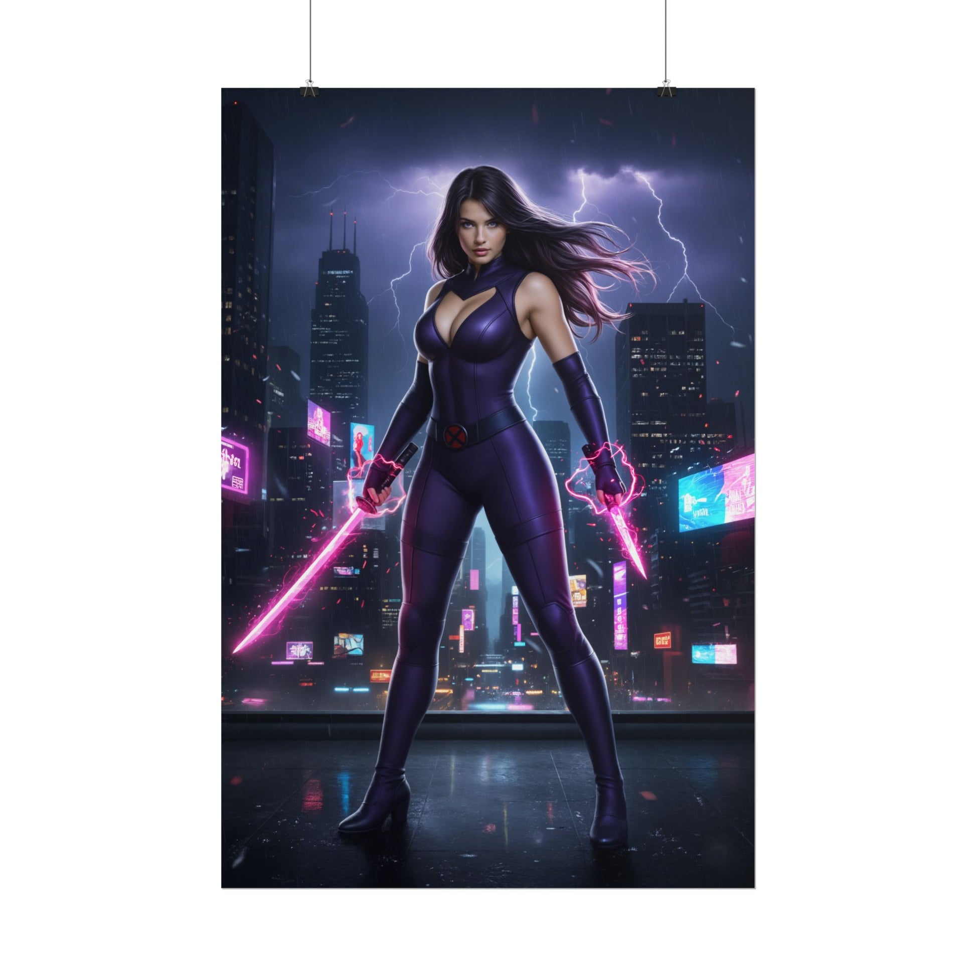 Psylocke Poster, Marvel X-Men Art Print, Iconic Telepath Ninja Hero — bold city-night print of telepathic ninja with glowing psychic blades