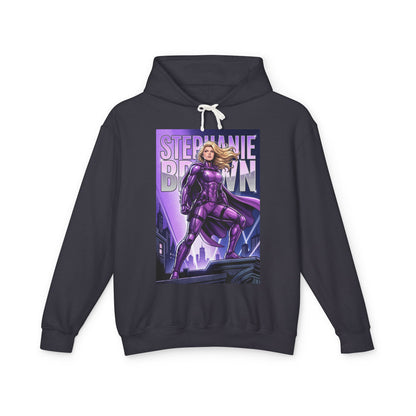 Stephanie Brown Hoodie | DC Superhero Hoodie | Spoiler Legacy Pullover featuring purple graphic of Stephanie Brown standing on Gotham rooftop on black cotton pullover