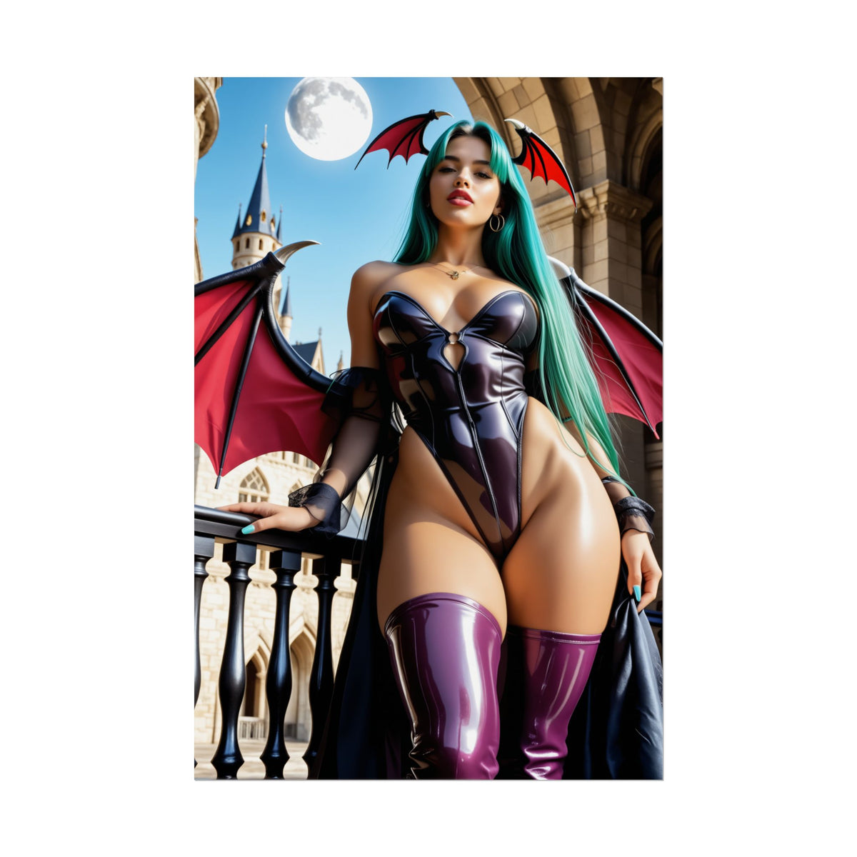Morrigan Aensland Wall Art  Dark Fantasy Heroine Poster, Gift for Fans: highres gothic cosplay print with succubus wings, moonlit castle, vivid color
