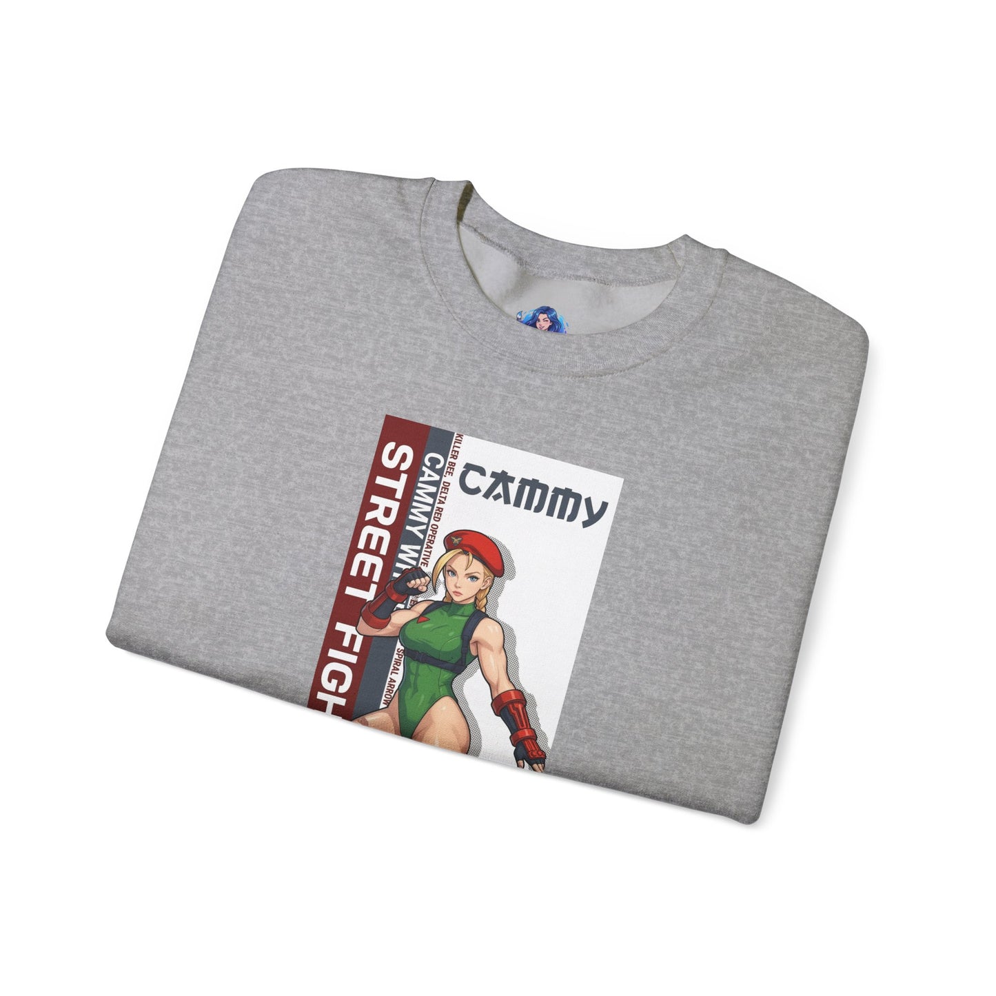 Cammy Sweatshirt, Street Fighter Crewneck, Classic Fighting Game Apparel for Fans - folded grey crewneck with Cammy artwork