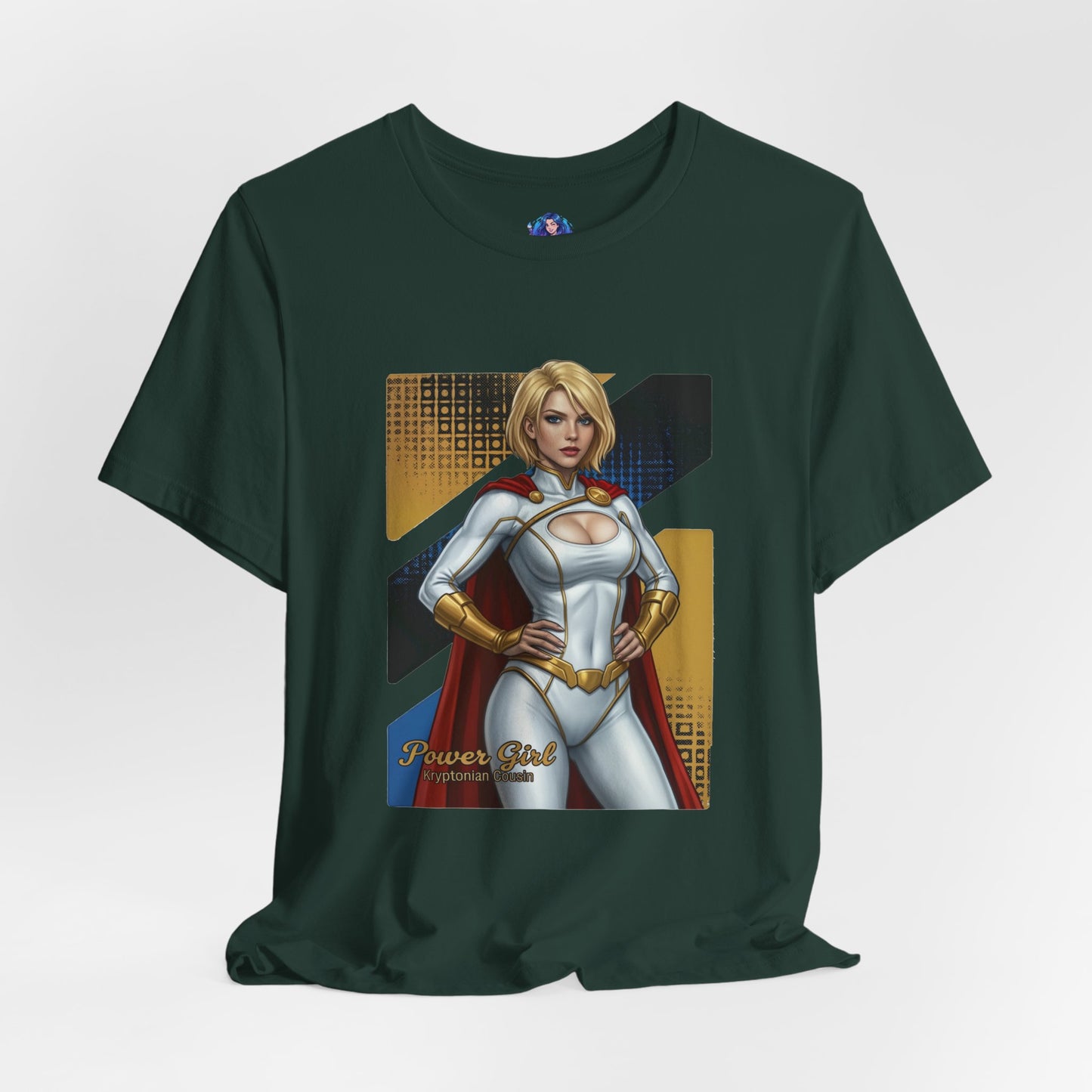 Power Girl T-Shirt | DC Comics Anime Tee for Gamers & Hero Fans front view on Bella Canvas 3001 unisex tee with anime-style Power Girl illustration