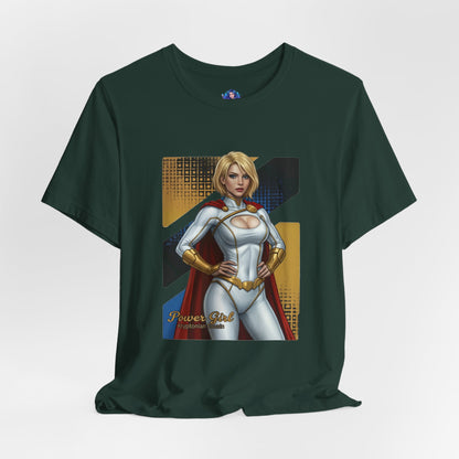 Power Girl T-Shirt | DC Comics Anime Tee for Gamers & Hero Fans front view on Bella Canvas 3001 unisex tee with anime-style Power Girl illustration