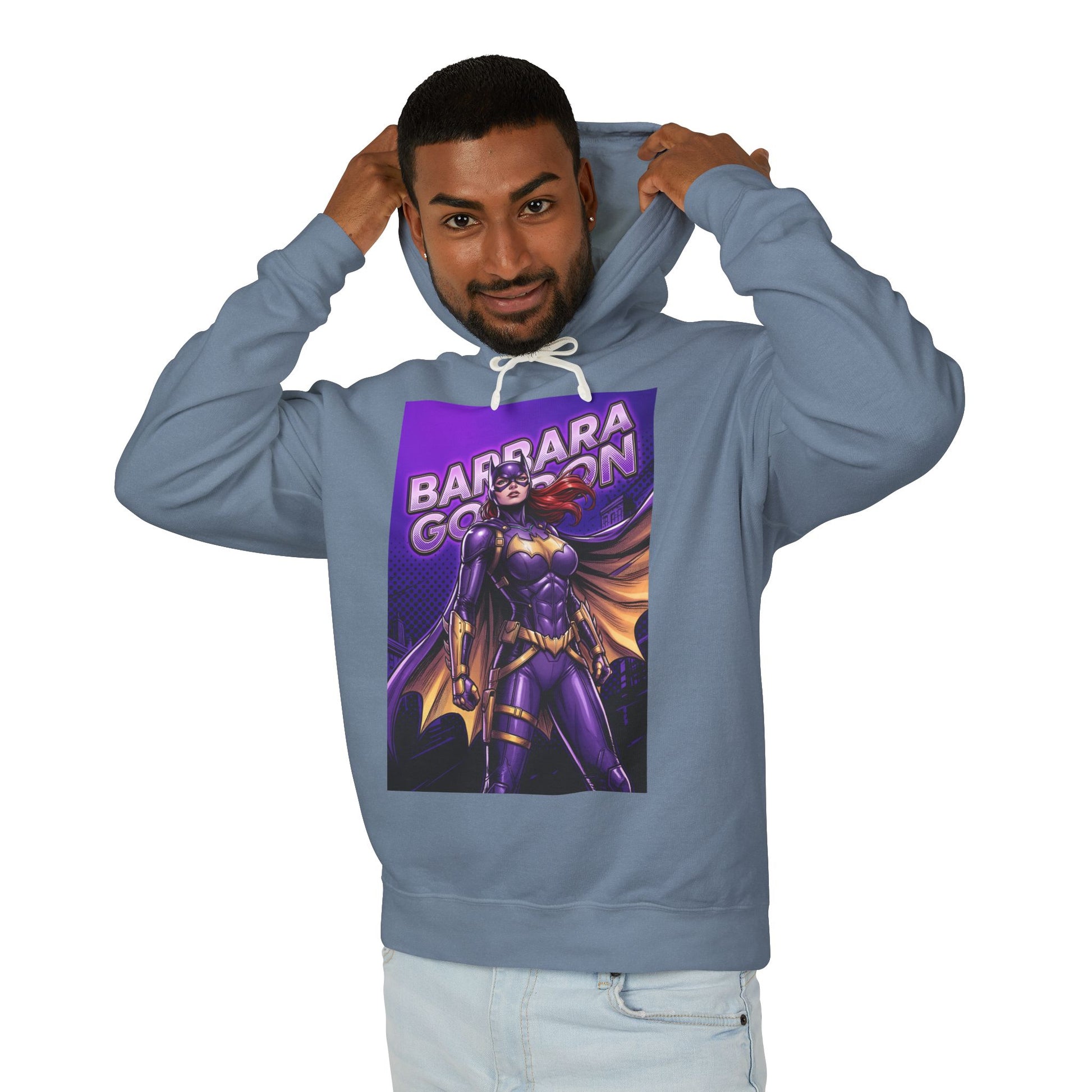 Batgirl Hoodie | DC Superhero Hoodie | Gotham Vigilante Pullover model wearing purple-and-gold Batgirl graphic pullover