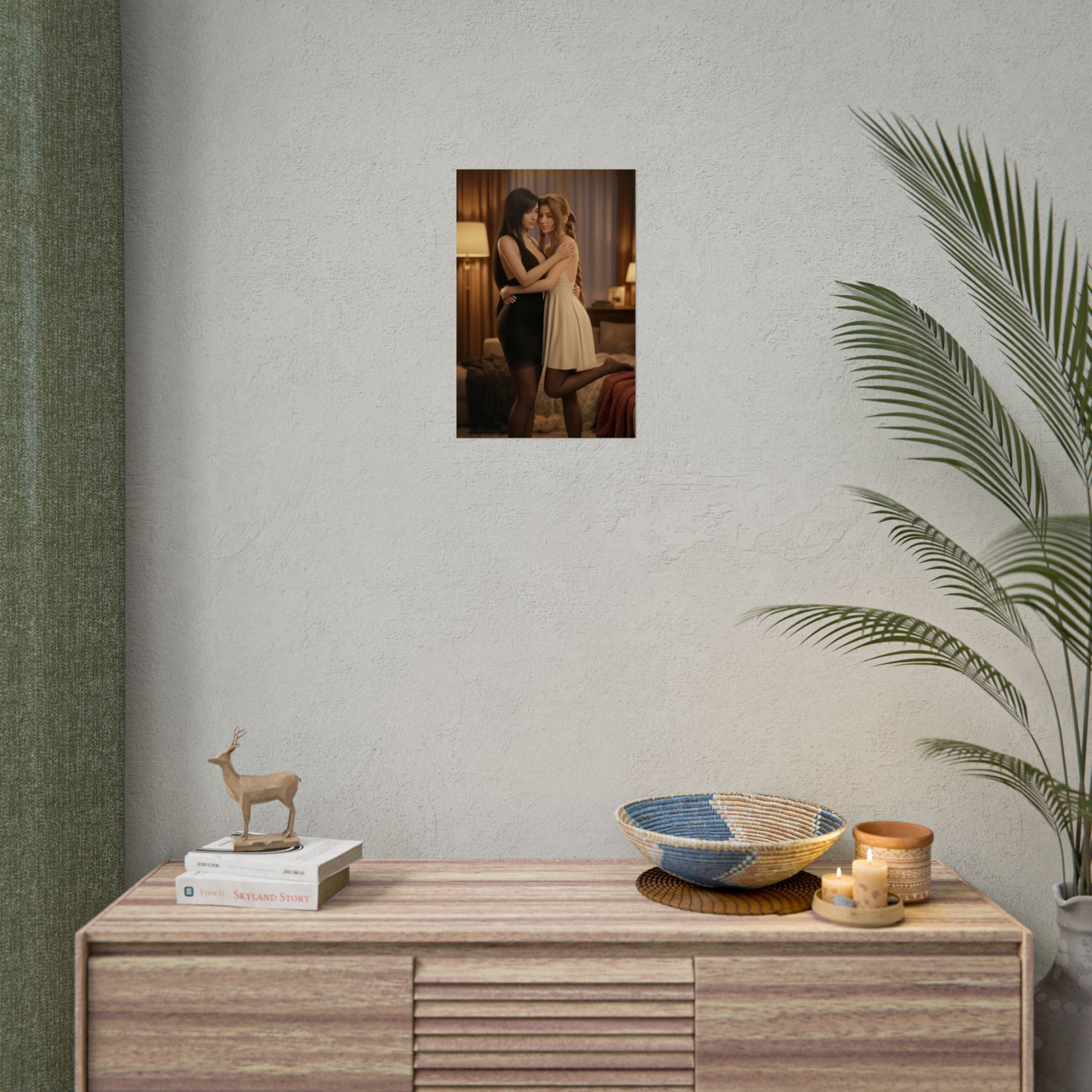 Tifa Aerith Poster, Final Fantasy VII Art Print – RPG Heroines Wall Art framed on living room wall above console in cozy gamer room