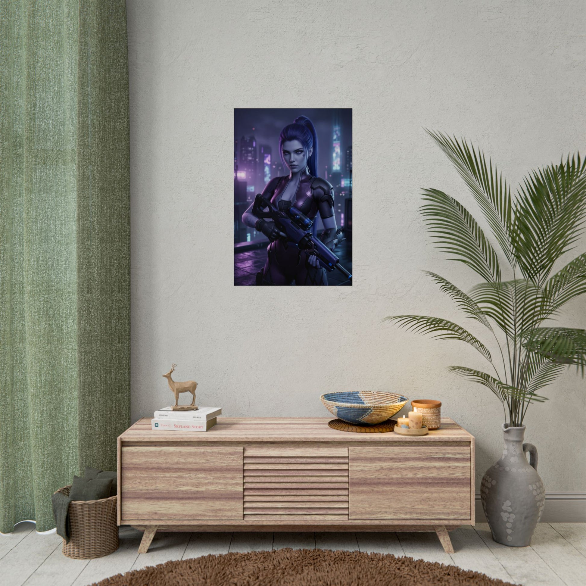 Widowmaker Poster Overwatch Wall Art Print Gaming Room Decor - neon-lit futuristic sniper poster for gaming room, cool-toned sci-fi wall art