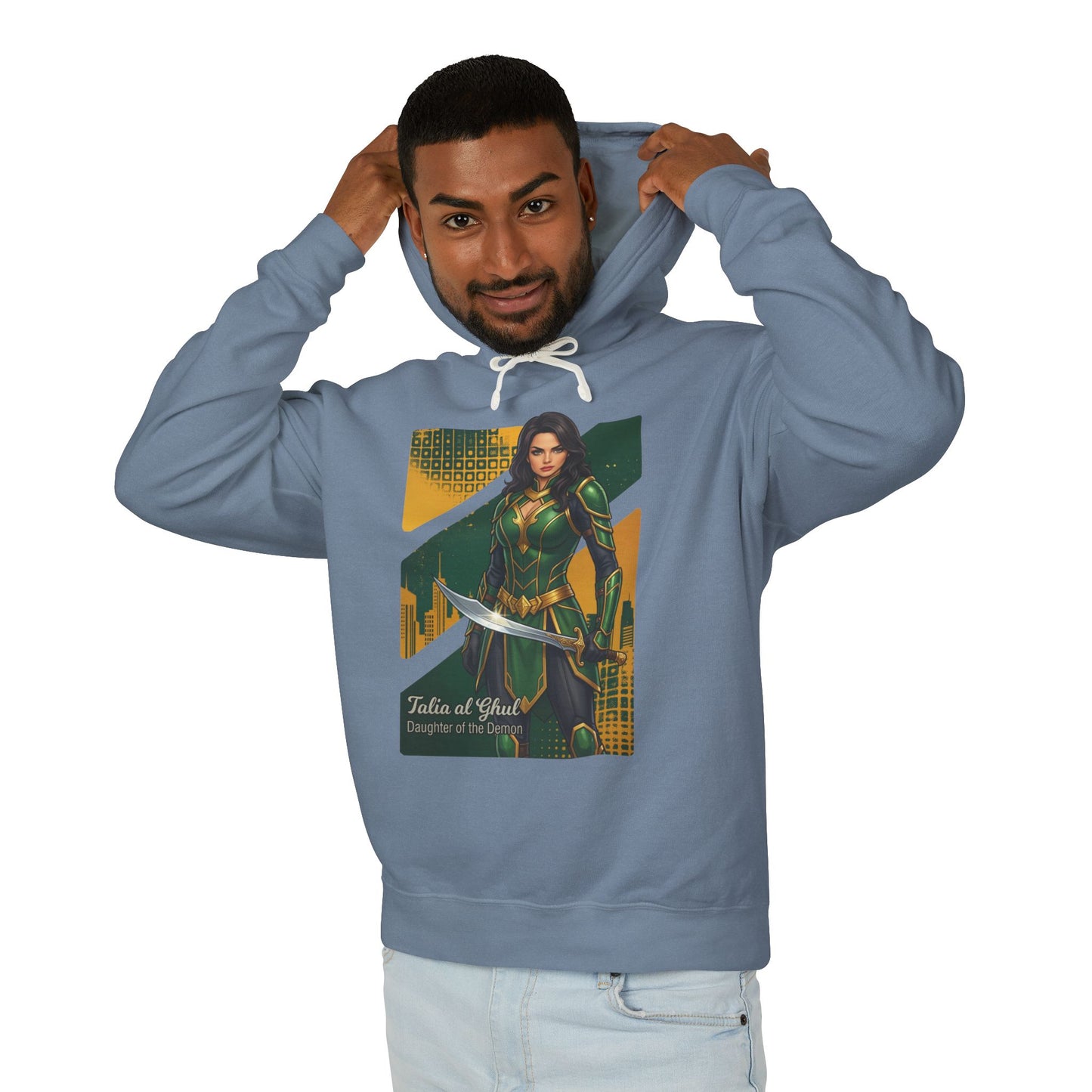 Talia al Ghul Hoodie | DC Comics Hoodie | Anime Assassin Warrior Pullover model wearing blue hoodie with anime-style Talia al Ghul graphic