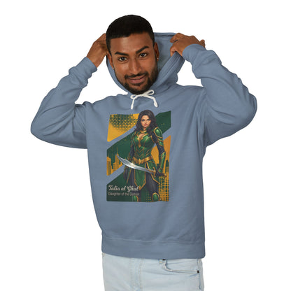 Talia al Ghul Hoodie | DC Comics Hoodie | Anime Assassin Warrior Pullover model wearing blue hoodie with anime-style Talia al Ghul graphic