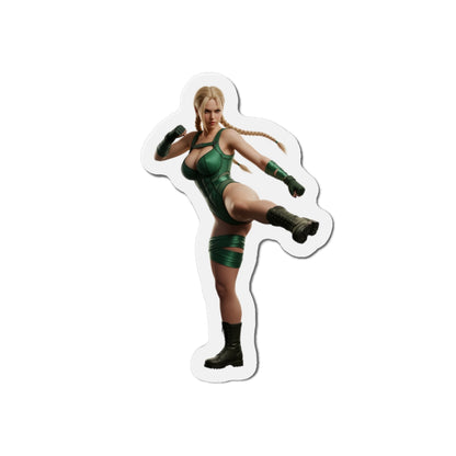Cammy White Magnet – Street Fighter Anime Heroine Fridge Magnet, Game Decor — die-cut vinyl fridge magnet of Cammy in green fighting pose