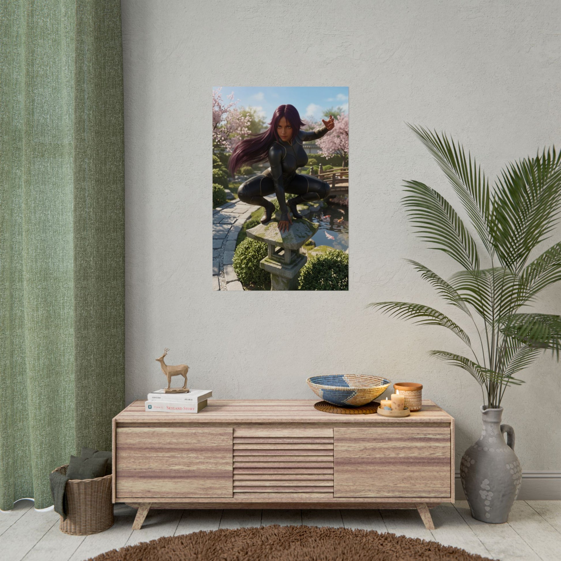 Yoruichi Shihouin Poster, Bleach Art Print – Anime Heroine Wall Art framed on living room wall above console in gamer and anime fan decor