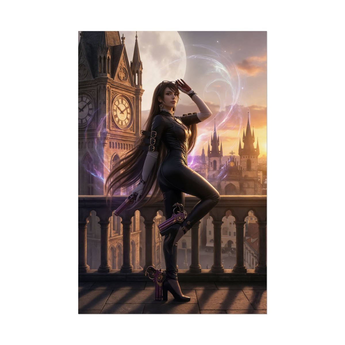 Bayonetta Poster  Iconic Action Witch Heroine Wall Art for Gamer Decor featuring stylish heroine on rooftop at sunset