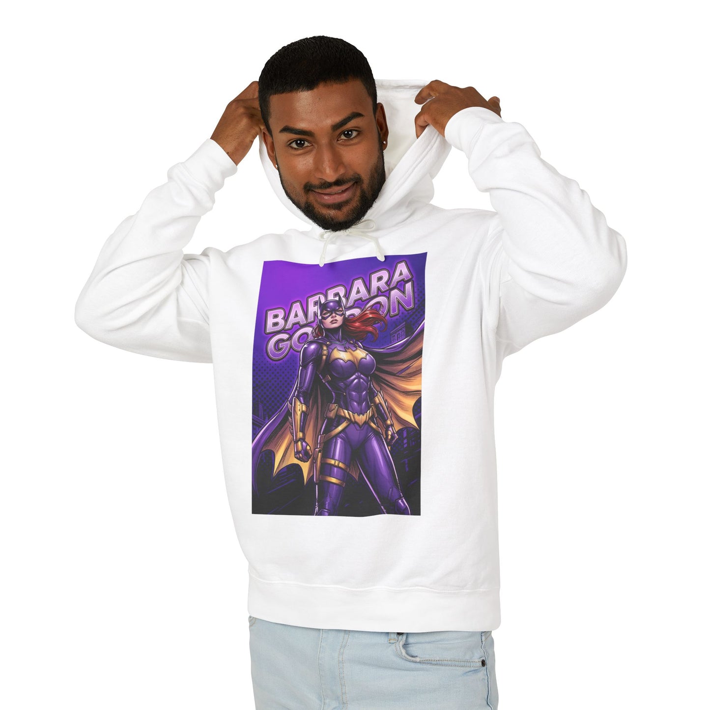 Batgirl Hoodie | DC Superhero Hoodie | Gotham Vigilante Pullover - white pullover featuring purple-and-gold Batgirl graphic on model
