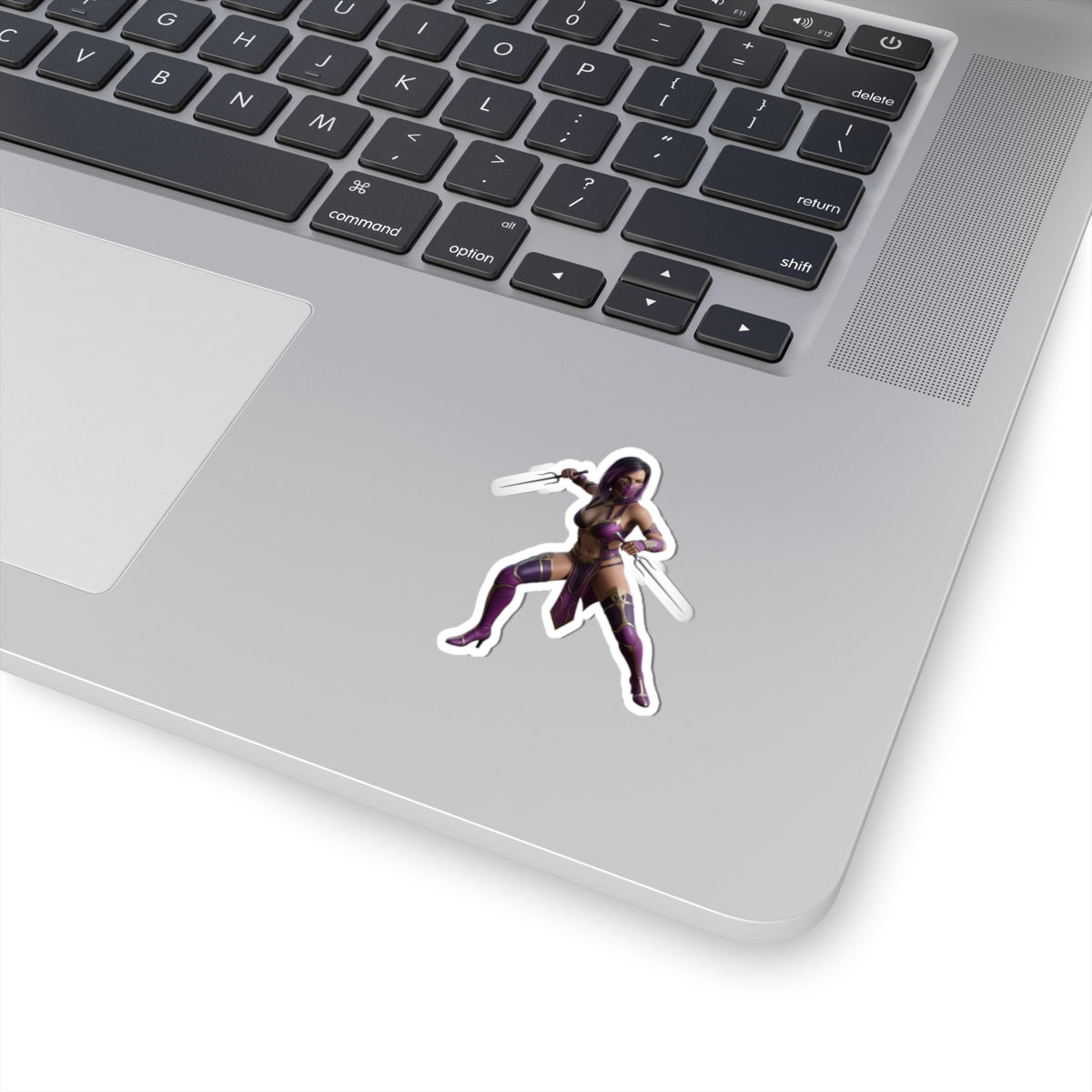 Mileena Sticker – Mortal Kombat Vinyl Sticker for Laptops & Indoor Decor on silver laptop showing glossy, durable vinyl, vibrant colors, easy bubble-free application