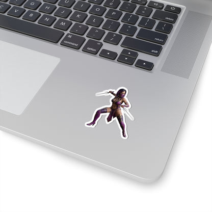 Mileena Sticker – Mortal Kombat Vinyl Sticker for Laptops & Indoor Decor on silver laptop showing glossy, durable vinyl, vibrant colors, easy bubble-free application
