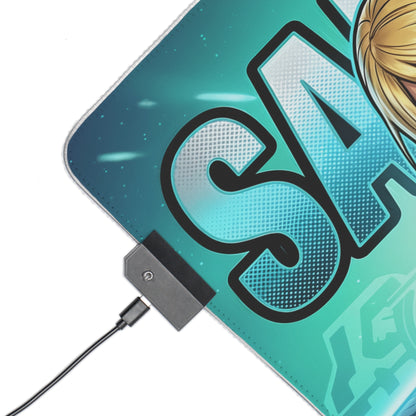 Samus Aran RGB Desk Mat, Futuristic Gaming Mouse Pad, LED Desk Mat for Gamer Setup showing corner RGB controller, smooth cloth surface and non-slip base