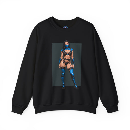 Kitana Mortal Kombat Sweatshirt, Edenian Warrior Crewneck, Cozy Gaming Streetwear for Collectors — black crewneck with blue Kitana illustration