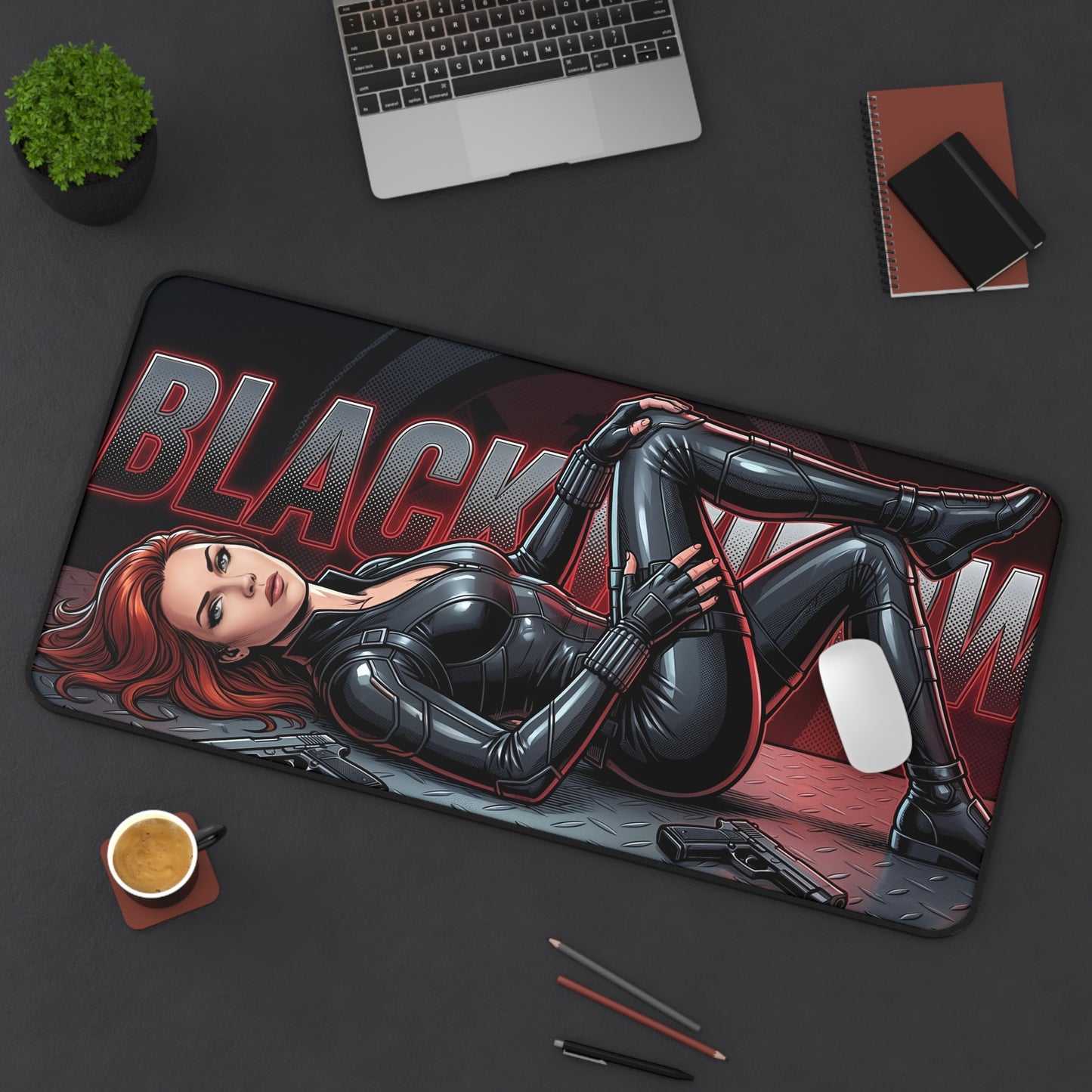 Black Widow Desk Mat, Superhero Mouse Pad, Gaming Setup Desk Decor featuring tactical Black Widow artwork on smooth non-slip large desk mat