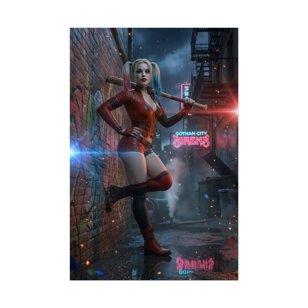 Harley Quinn Poster, DC Art Print  Iconic Comic Anti-Heroine Wall Art in gritty Gotham alley with character holding baseball bat
