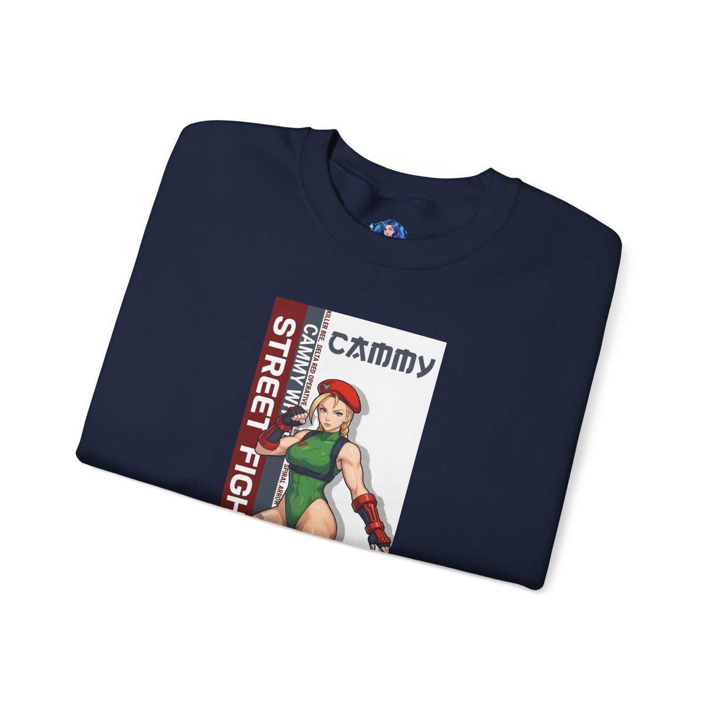 Cammy Sweatshirt, Street Fighter Crewneck, Classic Fighting Game Apparel for Fans - navy crewneck with Cammy character art