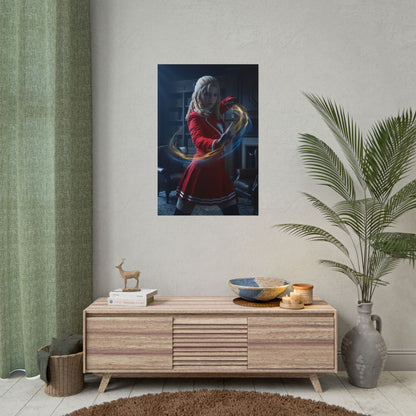 Karin Poster, Street Fighter Art Print – Iconic Fighting Game Heroine, premium wall art showing Karin in red dress with energy swirl